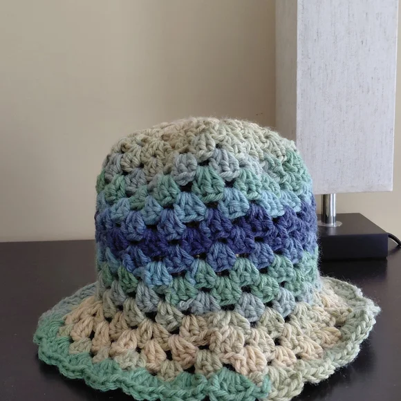 Handmade Crochet Bucket Hat in Blue, Green & Cream - Picture 1 of 4
